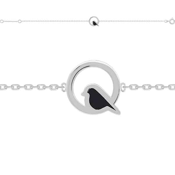 Bracelet 18 cm argent 925 motif petit oiseau perché argent et émail noir