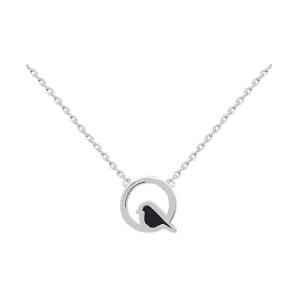 Collier argent 925 pendentif petit oiseau perché argent et émail noir