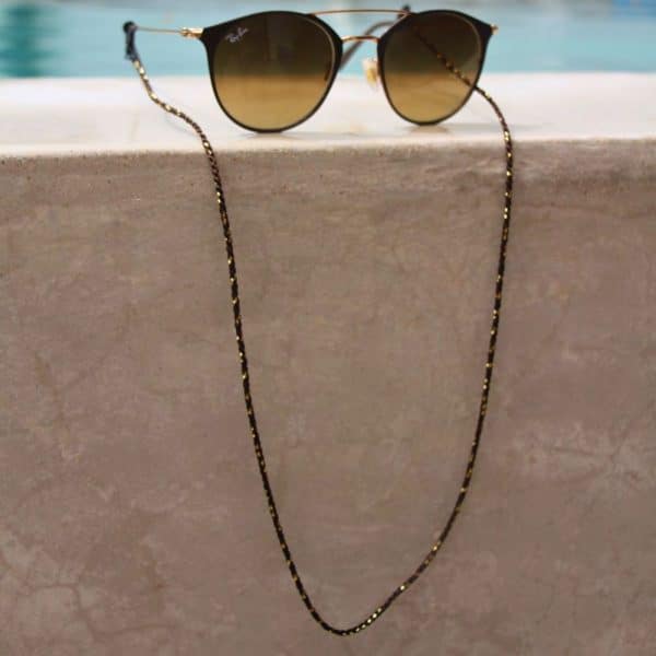 Cordon de lunettes viscose et rexor doré. Caoutchoucs de fixation incassables