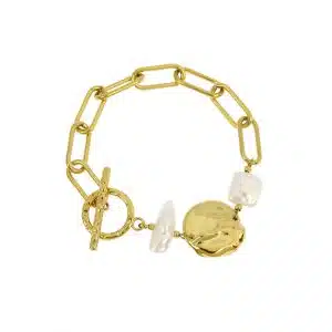 Bracelet acier inoxydable, fermoir anneau et tige avec perle acier inoxydable doré et perles imitation perles de culture. 18 cm.