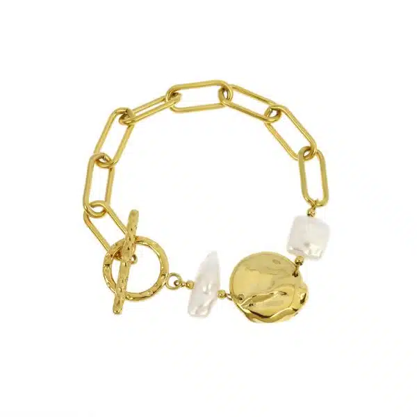 Bracelet acier inoxydable, fermoir anneau et tige avec perle acier inoxydable doré et perles imitation perles de culture. 18 cm.