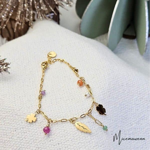 Bracelet porte Bonheur doré, Breloques Trèfle, Coeur Feuille, perles