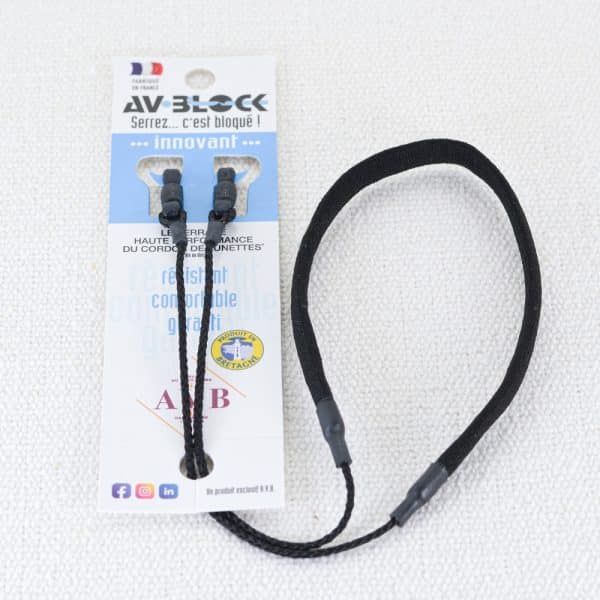 Cordon de lunettes Classique Chaussette avec système de fixation AVBlock. Coloris noir. Fabriqué par Atelier du Vieux Bourg.