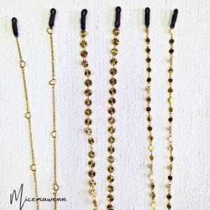 Chaine de lunettes acier inoxydable doré, maille motif au choix : soleil ou coeur ou plat. Système de fixation classique incassable.