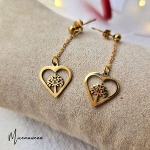 Boucles d'oreilles coeur arbre de vie pendantes acier inoxydable doré