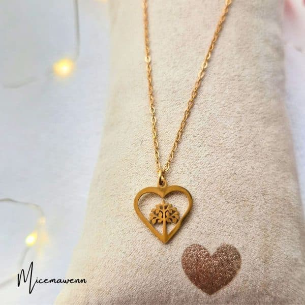 Collier doré coeur arbre de vie pendentif acier inoxydable