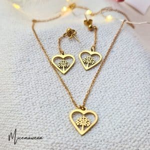 Parure Collier et boucles d'oreilles doré coeur arbre de vie pendentif acier inoxydable