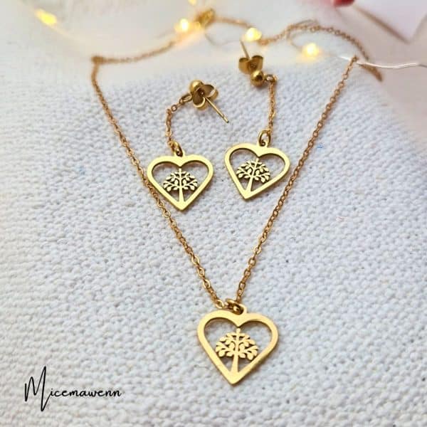 Parure Collier et boucles d'oreilles doré coeur arbre de vie pendentif acier inoxydable