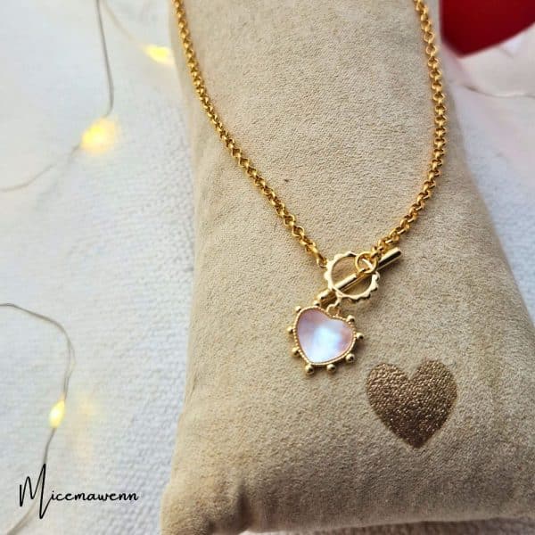 Collier coeur nacré fermoir T pendentif acier inoxydable