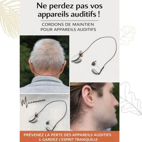 Cordon de sécurité pour appareils auditifs, noir, réglable, discret et léger