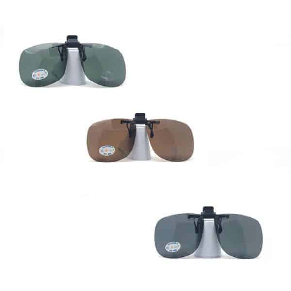 Clips solaires polarisés. Disponible en 3 couleurs : Vert G15 : équilibre luminosité et confort visuel. Marron : renforce les contrastes et les reliefs Gris : respecte les couleurs naturelles