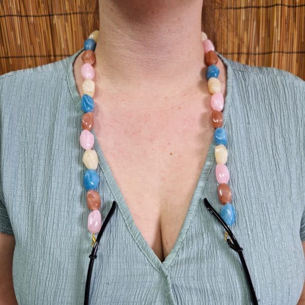 -Chaine de lunettes et Collier perles baroques pastel 2 EN 1