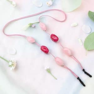 Cordon de lunettes léger ruban Mousseline rose Perles baroques rose pastel et fuchsia et perles métal argenté